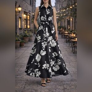 Julia Jordan Black & White Floral Maxi Dress 10 – Elegant A-Line Sleeveless Gown